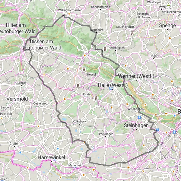 Map miniature of "Adventurous Hills and Valleys" cycling inspiration in Weser-Ems, Germany. Generated by Tarmacs.app cycling route planner