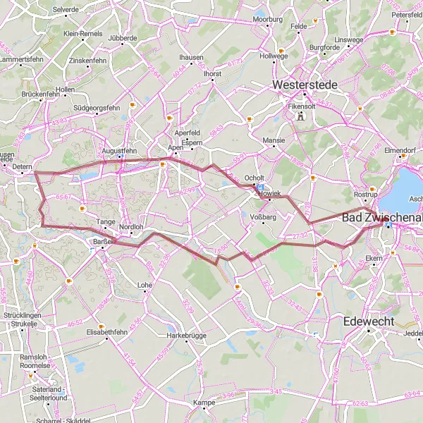 Map miniature of "Exploring Barßel and Apen" cycling inspiration in Weser-Ems, Germany. Generated by Tarmacs.app cycling route planner