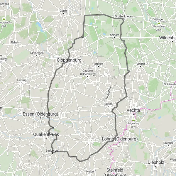Map miniature of "Cloppenburg and Großenkneten Tour" cycling inspiration in Weser-Ems, Germany. Generated by Tarmacs.app cycling route planner