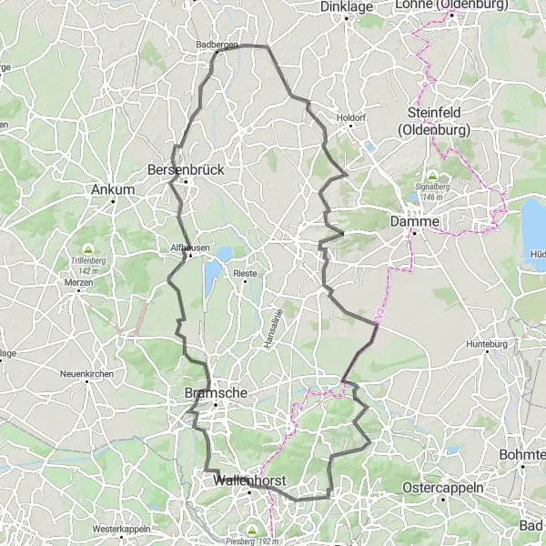 Map miniature of "Kettenkamp and Berge Loop" cycling inspiration in Weser-Ems, Germany. Generated by Tarmacs.app cycling route planner