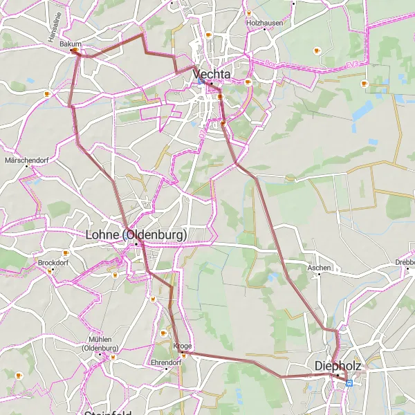 Karten-Miniaturansicht der Radinspiration "Gravel-Abenteuer um Bakum" in Weser-Ems, Germany. Erstellt vom Tarmacs.app-Routenplaner für Radtouren