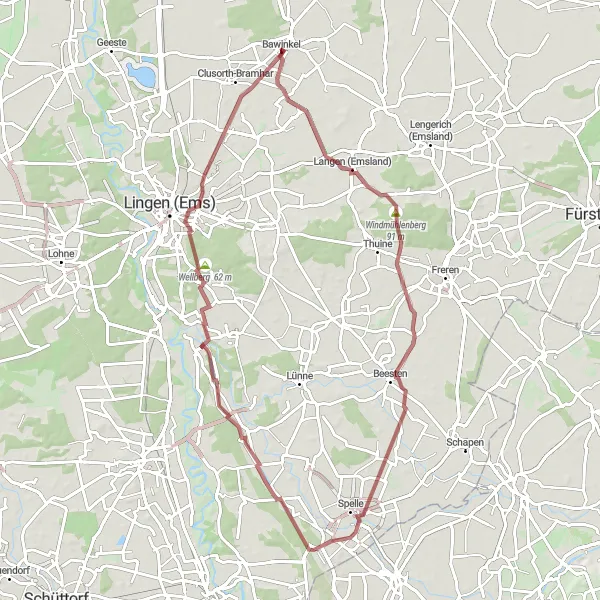 Map miniature of "Gravel Cycling Tour around Bawinkel" cycling inspiration in Weser-Ems, Germany. Generated by Tarmacs.app cycling route planner