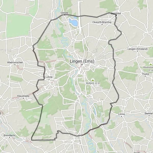 Map miniature of "Scenic Ride" cycling inspiration in Weser-Ems, Germany. Generated by Tarmacs.app cycling route planner