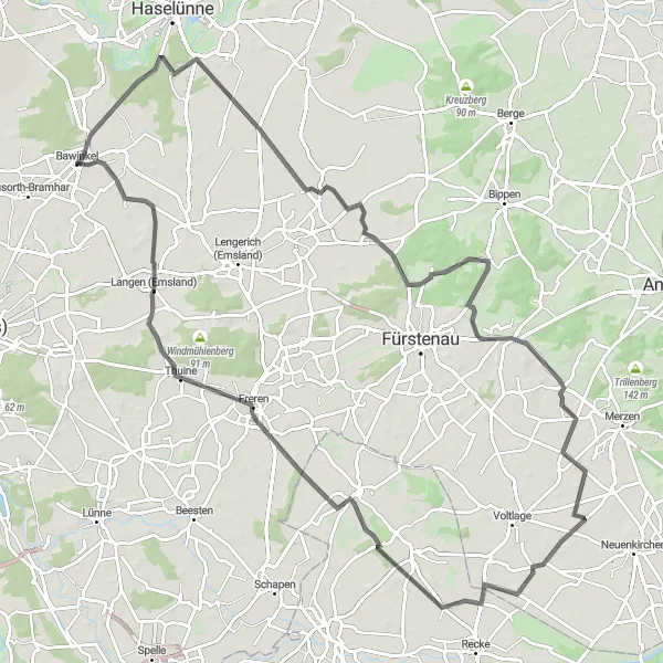 Map miniature of "Heart of the Emsland Journey" cycling inspiration in Weser-Ems, Germany. Generated by Tarmacs.app cycling route planner