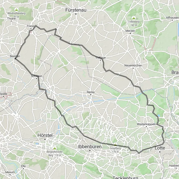 Map miniature of "Freren to Schapen Road Cycling Route" cycling inspiration in Weser-Ems, Germany. Generated by Tarmacs.app cycling route planner