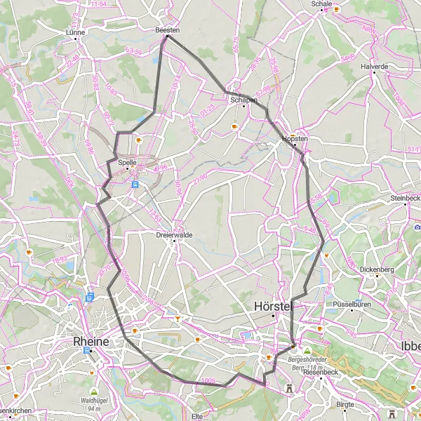 Map miniature of "Hopsten and Spelle Loop" cycling inspiration in Weser-Ems, Germany. Generated by Tarmacs.app cycling route planner