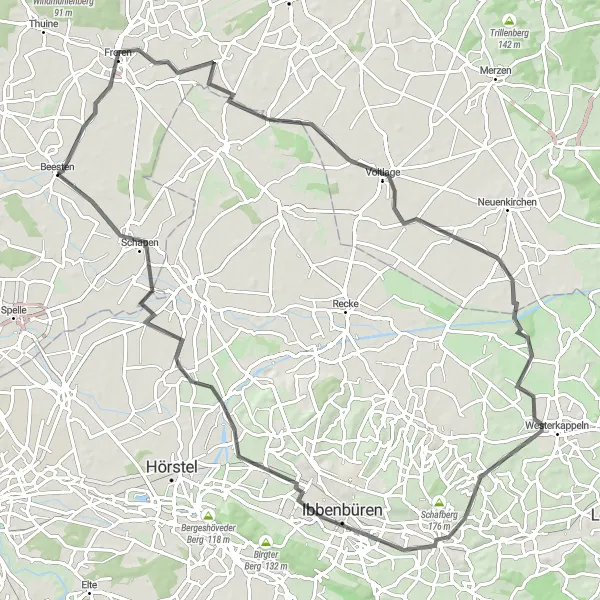 Map miniature of "Freren and Ibbenbüren Tour" cycling inspiration in Weser-Ems, Germany. Generated by Tarmacs.app cycling route planner