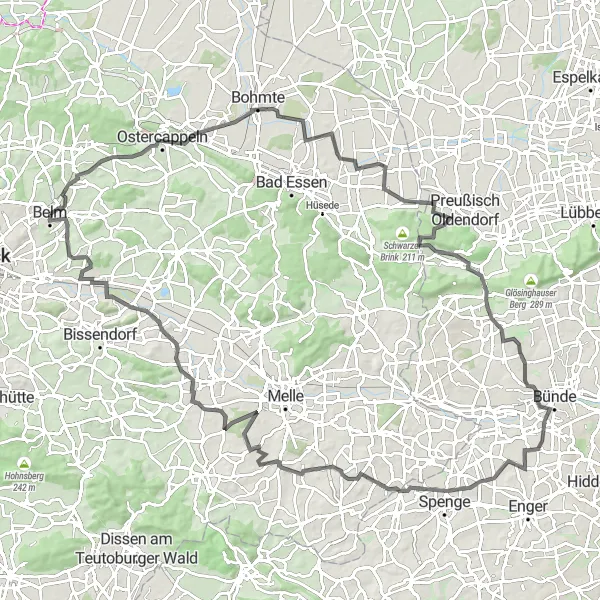 Map miniature of "Belm to Ostercappeln Cycling Route" cycling inspiration in Weser-Ems, Germany. Generated by Tarmacs.app cycling route planner