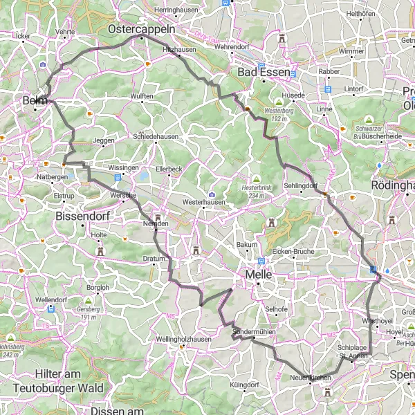 Map miniature of "Belm - Ostercappeln Loop" cycling inspiration in Weser-Ems, Germany. Generated by Tarmacs.app cycling route planner