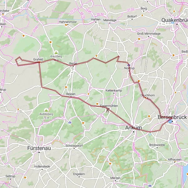 Map miniature of "Gravel Adventure in Weser-Ems" cycling inspiration in Weser-Ems, Germany. Generated by Tarmacs.app cycling route planner