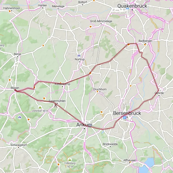 Karten-Miniaturansicht der Radinspiration "Gravelroute von Bippen nach Kettenkamp und zurück" in Weser-Ems, Germany. Erstellt vom Tarmacs.app-Routenplaner für Radtouren
