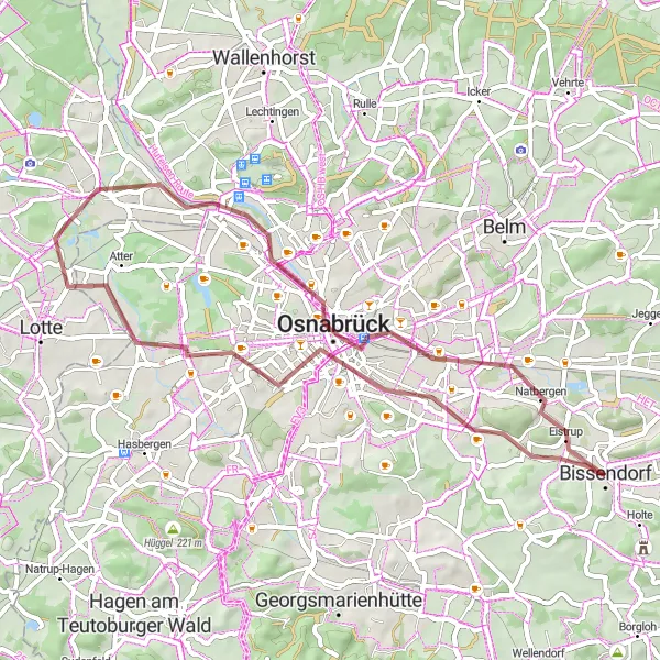 Karten-Miniaturansicht der Radinspiration "Gravelabenteuer durch die Natur rund um Osnabrück" in Weser-Ems, Germany. Erstellt vom Tarmacs.app-Routenplaner für Radtouren