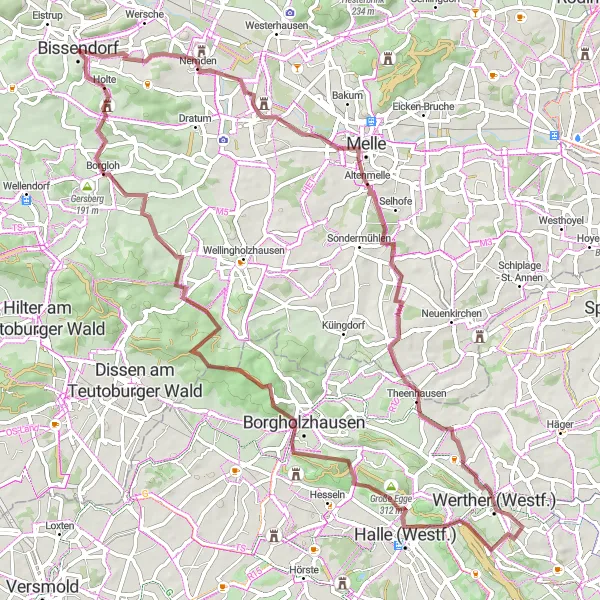 Map miniature of "Bornsbrink to Holte-Sünsbeck Gravel Ride" cycling inspiration in Weser-Ems, Germany. Generated by Tarmacs.app cycling route planner