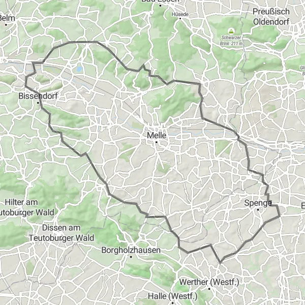 Map miniature of "Scenic Loop Road Route near Bissendorf" cycling inspiration in Weser-Ems, Germany. Generated by Tarmacs.app cycling route planner
