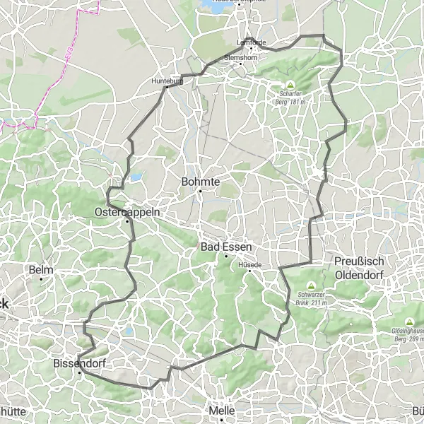 Map miniature of "Weser-Ems Loop Road Route" cycling inspiration in Weser-Ems, Germany. Generated by Tarmacs.app cycling route planner