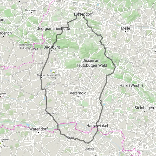 Karten-Miniaturansicht der Radinspiration "Abenteuerliche Radtour in der Natur rund um Bissendorf" in Weser-Ems, Germany. Erstellt vom Tarmacs.app-Routenplaner für Radtouren