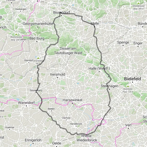 Map miniature of "Teutoburger Wald Loop Road Route" cycling inspiration in Weser-Ems, Germany. Generated by Tarmacs.app cycling route planner