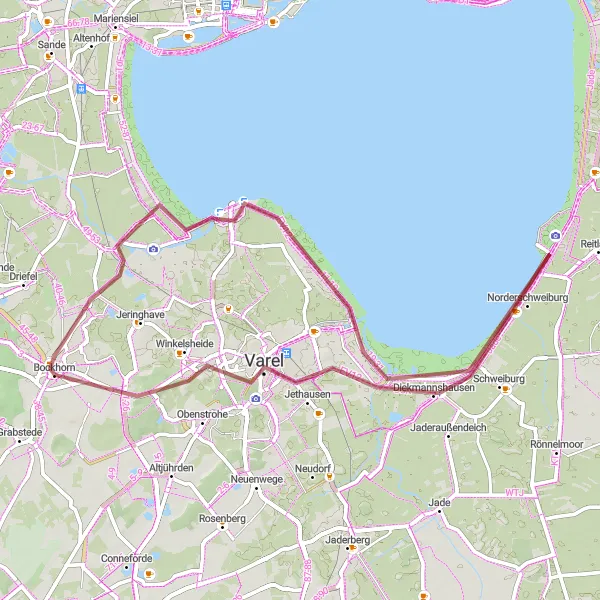 Map miniature of "Idyllic Gravel Loop Through Varel" cycling inspiration in Weser-Ems, Germany. Generated by Tarmacs.app cycling route planner