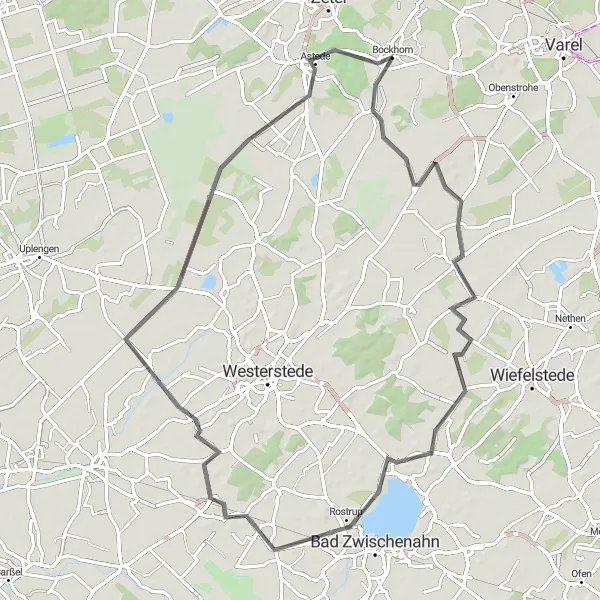 Map miniature of "Bockhorn to Neuenburg Circuit" cycling inspiration in Weser-Ems, Germany. Generated by Tarmacs.app cycling route planner