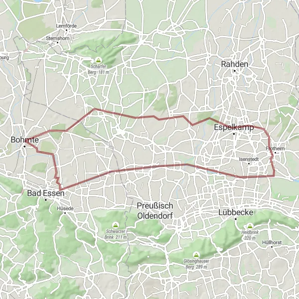 Map miniature of "Gravel Route Around Bohmte" cycling inspiration in Weser-Ems, Germany. Generated by Tarmacs.app cycling route planner