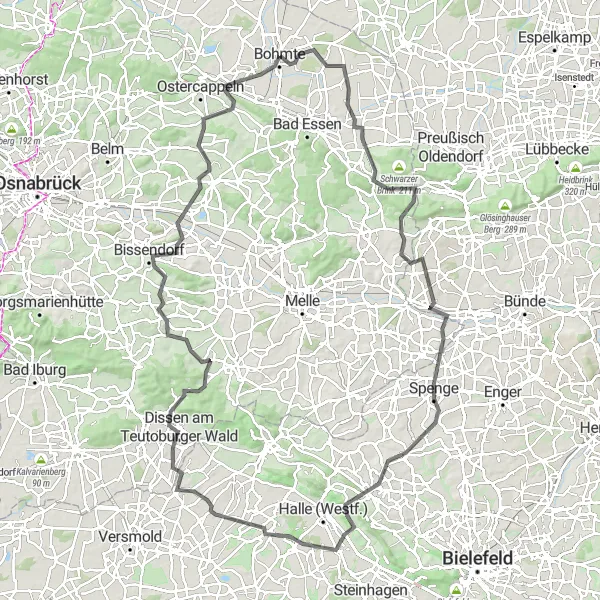 Karten-Miniaturansicht der Radinspiration "Herausforderung Teutoburger Wald" in Weser-Ems, Germany. Erstellt vom Tarmacs.app-Routenplaner für Radtouren