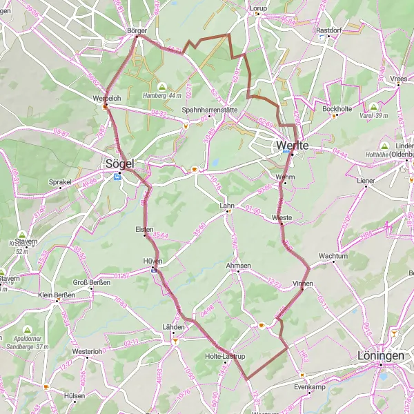 Map miniature of "Börger Gravel Challenge" cycling inspiration in Weser-Ems, Germany. Generated by Tarmacs.app cycling route planner