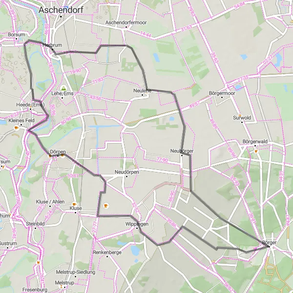 Map miniature of "Weser-Ems Road Cycling Route" cycling inspiration in Weser-Ems, Germany. Generated by Tarmacs.app cycling route planner