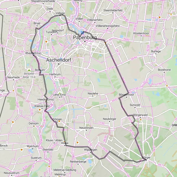 Karten-Miniaturansicht der Radinspiration "Die Straßen des Emslandes erkunden" in Weser-Ems, Germany. Erstellt vom Tarmacs.app-Routenplaner für Radtouren