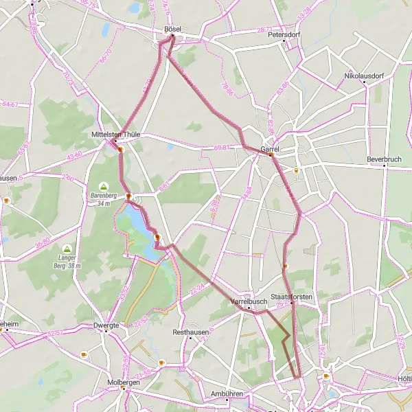 Map miniature of "Gravel Adventure from Bösel to Varrelbusch" cycling inspiration in Weser-Ems, Germany. Generated by Tarmacs.app cycling route planner