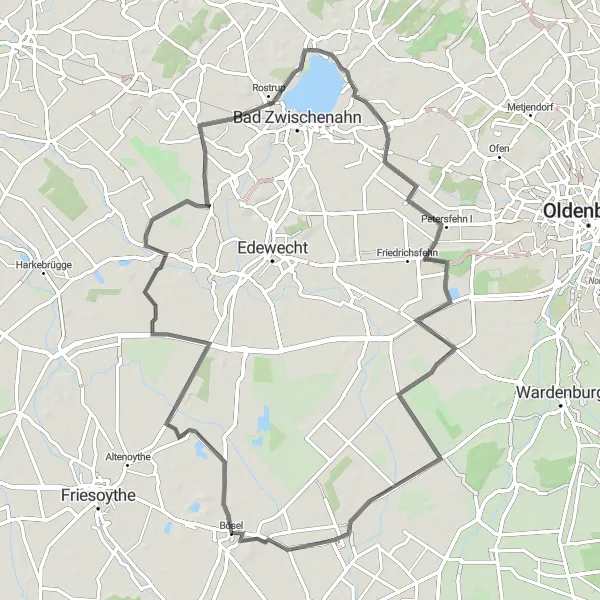 Map miniature of "Countryside Tour from Bösel to Zwischenahner Meer" cycling inspiration in Weser-Ems, Germany. Generated by Tarmacs.app cycling route planner