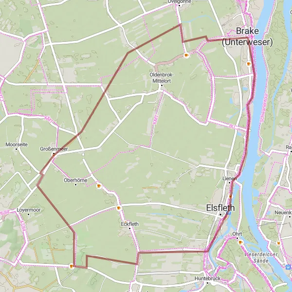 Map miniature of "Harrier Kaje - Elsfleth - Großenmeer" cycling inspiration in Weser-Ems, Germany. Generated by Tarmacs.app cycling route planner