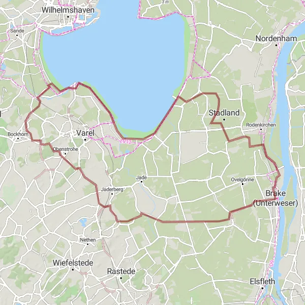Map miniature of "Explore the Gravel Trails of Brake" cycling inspiration in Weser-Ems, Germany. Generated by Tarmacs.app cycling route planner