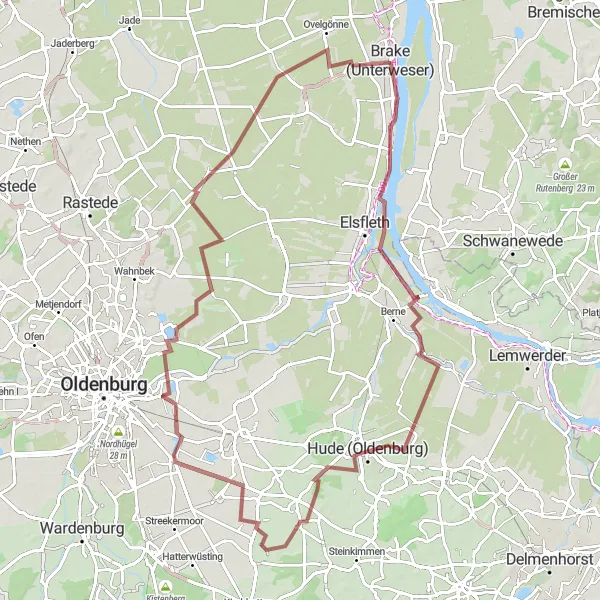 Map miniature of "Gravel Adventure through Picturesque Landscapes near Brake" cycling inspiration in Weser-Ems, Germany. Generated by Tarmacs.app cycling route planner