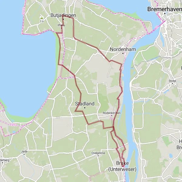 Map miniature of "Fernglas (Hafen- und Weserblick) - Butjadingen - Abbehausen - Rodenkirchen" cycling inspiration in Weser-Ems, Germany. Generated by Tarmacs.app cycling route planner