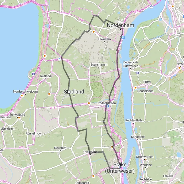 Karten-Miniaturansicht der Radinspiration "Erkundungstour entlang der Weser nach Nordenham" in Weser-Ems, Germany. Erstellt vom Tarmacs.app-Routenplaner für Radtouren