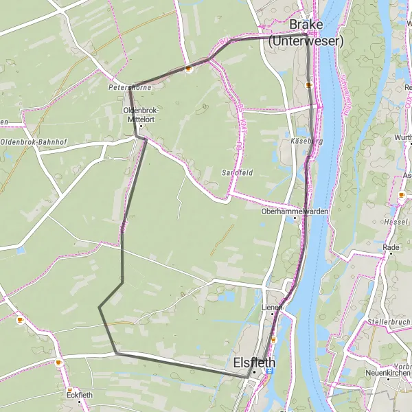 Map miniature of "Harrier Kaje - Elsfleth - Tribüne" cycling inspiration in Weser-Ems, Germany. Generated by Tarmacs.app cycling route planner