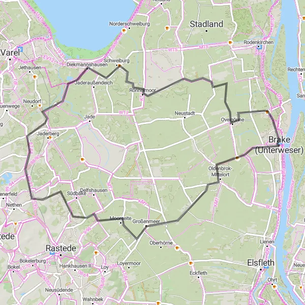 Map miniature of "Heukaje - Großenmeer - Jaderaltensiel - Ovelgönne - Fernglas (Hafen- und Weserblick)" cycling inspiration in Weser-Ems, Germany. Generated by Tarmacs.app cycling route planner
