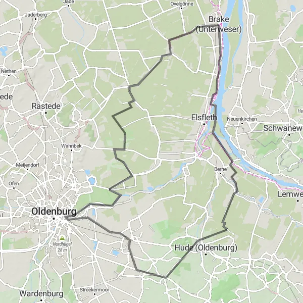 Map miniature of "Historical Road Cycling Route near Brake" cycling inspiration in Weser-Ems, Germany. Generated by Tarmacs.app cycling route planner