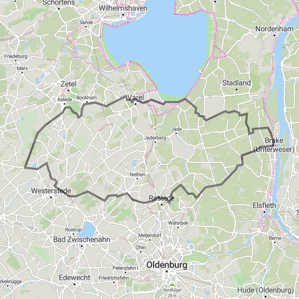 Map miniature of "Heukaje - Großenmeer - Rastede - Wiefelstede - Burgforde - Varel - Schweiburg - Ovelgönne - Fernglas (Hafen- und Weserblick)" cycling inspiration in Weser-Ems, Germany. Generated by Tarmacs.app cycling route planner