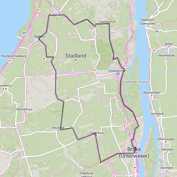 Map miniature of "Scenic Road Cycling Adventure from Brake" cycling inspiration in Weser-Ems, Germany. Generated by Tarmacs.app cycling route planner