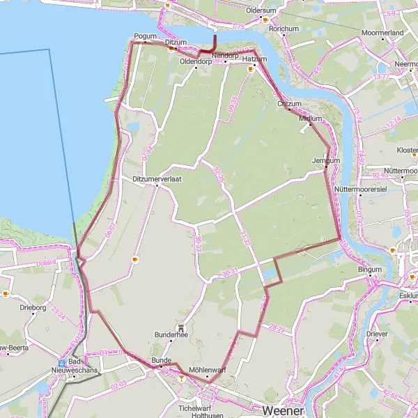 Map miniature of "River Ems Adventure" cycling inspiration in Weser-Ems, Germany. Generated by Tarmacs.app cycling route planner