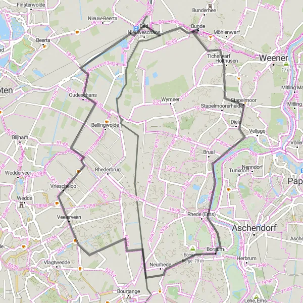 Map miniature of "Weser-Ems Round Trip 4" cycling inspiration in Weser-Ems, Germany. Generated by Tarmacs.app cycling route planner