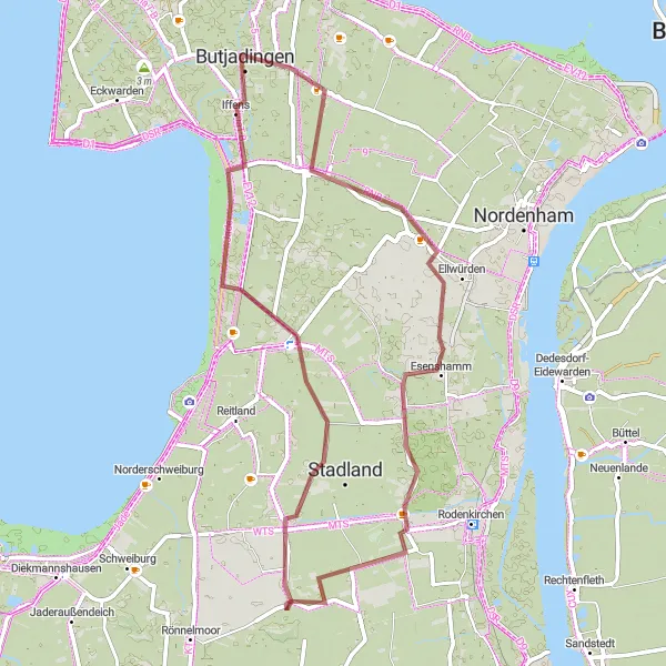 Karten-Miniaturansicht der Radinspiration "Butjadingen-Rundtour über Abbehausen" in Weser-Ems, Germany. Erstellt vom Tarmacs.app-Routenplaner für Radtouren