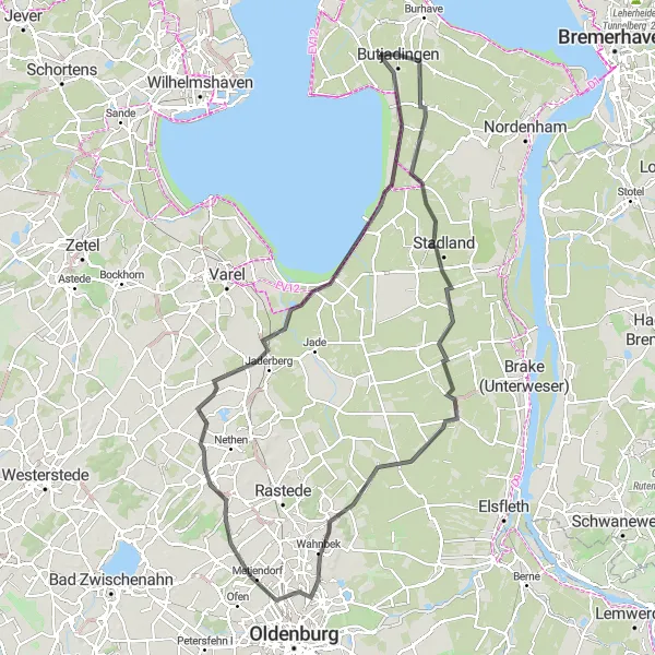 Karten-Miniaturansicht der Radinspiration "Erkundungstour Wiefelstede-Diekmannshausen" in Weser-Ems, Germany. Erstellt vom Tarmacs.app-Routenplaner für Radtouren