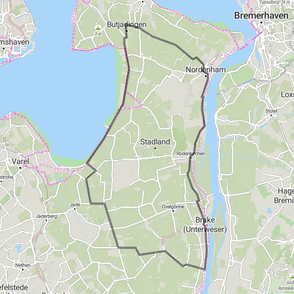 Karten-Miniaturansicht der Radinspiration "Küstenrunde Nordenham-Oldenbrok" in Weser-Ems, Germany. Erstellt vom Tarmacs.app-Routenplaner für Radtouren