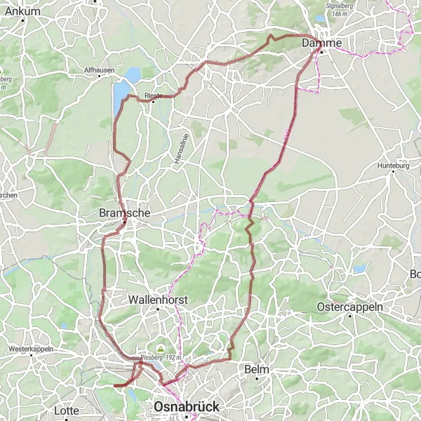 Map miniature of "Gravel Route from Damme to Weser-Ems" cycling inspiration in Weser-Ems, Germany. Generated by Tarmacs.app cycling route planner