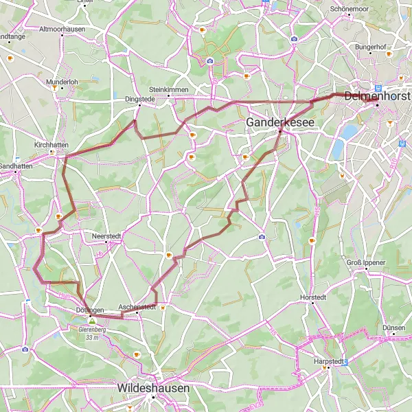 Map miniature of "Gravel Adventure through Ganderkesee" cycling inspiration in Weser-Ems, Germany. Generated by Tarmacs.app cycling route planner