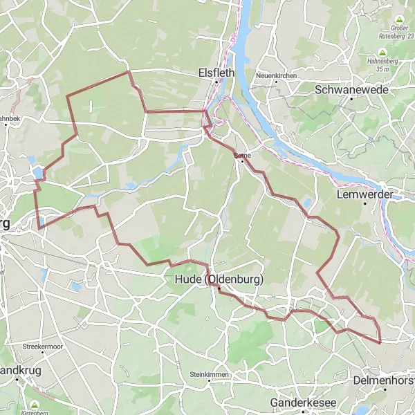 Map miniature of "Discover the Countryside of Delmenhorst" cycling inspiration in Weser-Ems, Germany. Generated by Tarmacs.app cycling route planner