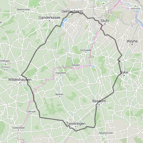 Map miniature of "Bassum Adventure" cycling inspiration in Weser-Ems, Germany. Generated by Tarmacs.app cycling route planner