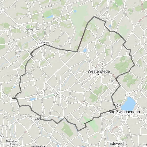 Map miniature of "The Road to Barßel" cycling inspiration in Weser-Ems, Germany. Generated by Tarmacs.app cycling route planner